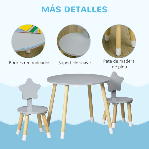 HOMCOM Dětský Dřevěný Stolek a 2 Židle Set s Kulatým Stolkem Ø59x50 cm a Židlemi Ø28x51 cm Dětský Nábytek do Hračkovny nebo Ložnice Šedý | Aosom