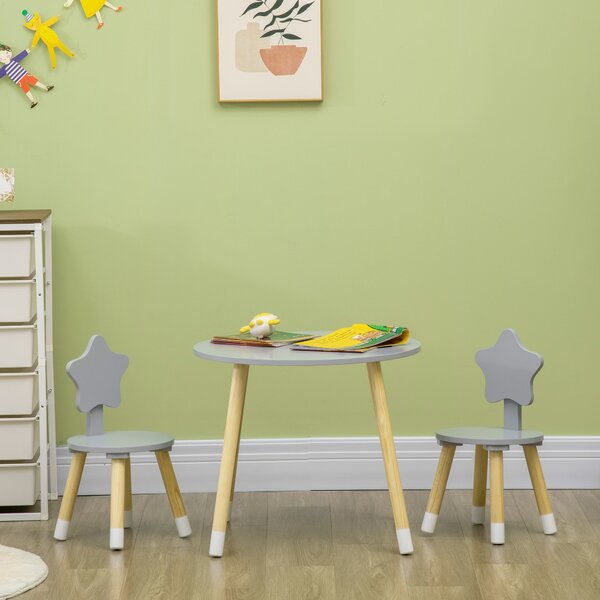 HOMCOM Dětský Dřevěný Stolek a 2 Židle Set s Kulatým Stolkem Ø59x50 cm a Židlemi Ø28x51 cm Dětský Nábytek do Hračkovny nebo Ložnice Šedý | Aosom