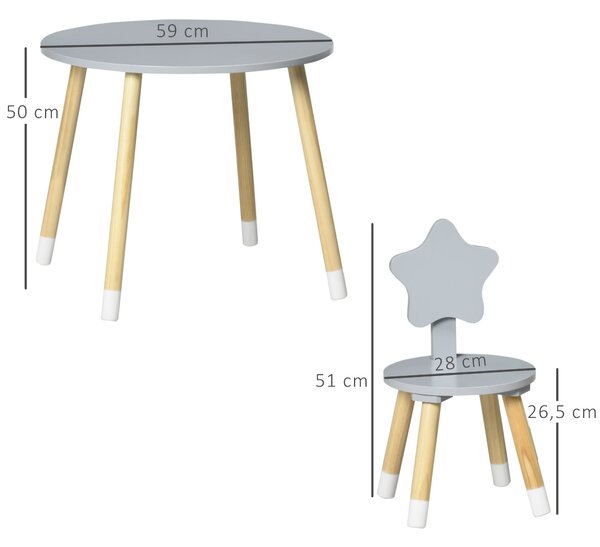 HOMCOM Dětský Dřevěný Stolek a 2 Židle Set s Kulatým Stolkem Ø59x50 cm a Židlemi Ø28x51 cm Dětský Nábytek do Hračkovny nebo Ložnice Šedý | Aosom