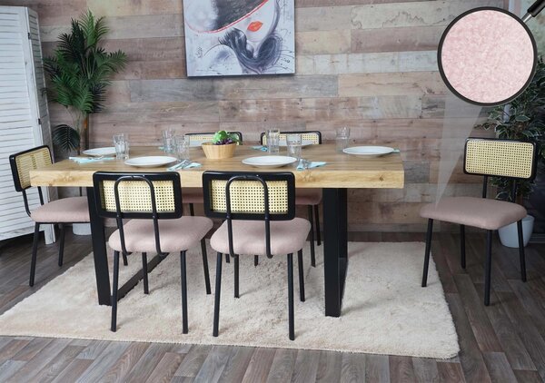 Sada 6 jídelních židlí HWC-K88, křeslo židle, dřevo Poly Rattan kov Bouclé Fabric/Textile pink