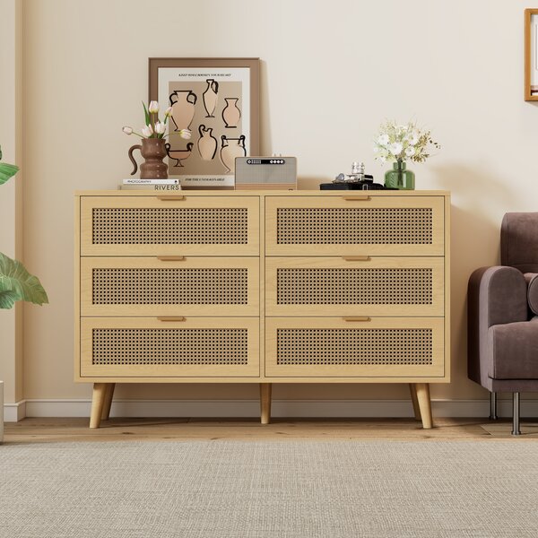 Komoda Flieks se 6 zásuvkami, ratanová skříňka do obývacího pokoje z masivního dřeva, 120x40x76,5 cm, přírodní provedení