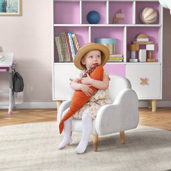 Dětské křeslo ZONEKIZ Infant s designem mraků, super jemné na dotek a 4 nohama pro děti 18-36 měsíců, nosnost 40 kg, 46x51x55 cm Bílá | Aosom
