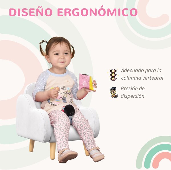 Dětské křeslo ZONEKIZ Infant s designem mraků, super jemné na dotek a 4 nohama pro děti 18-36 měsíců, nosnost 40 kg, 46x51x55 cm Bílá | Aosom