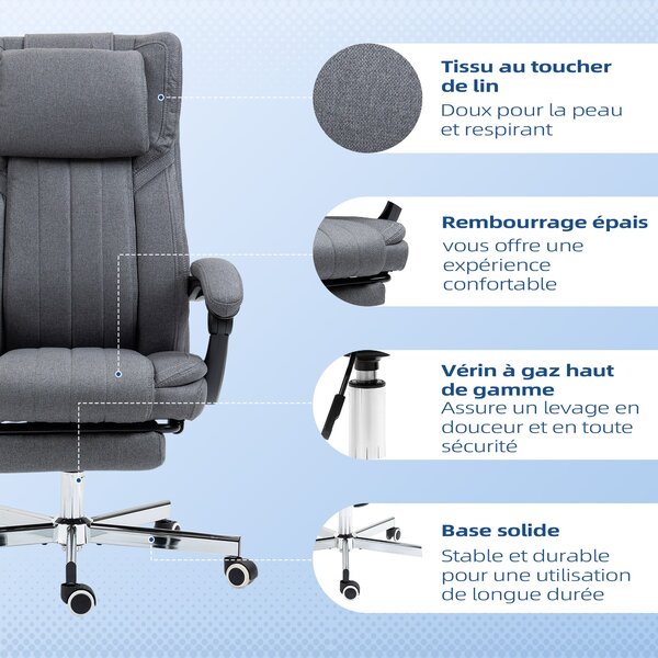 Ergonomická kancelářská židle Vinsetto s nastavitelnou výškou, sklopným opěradlem, opěrkami rukou, opěrkou pro nohy a hlavou, otočná kancelářská židle