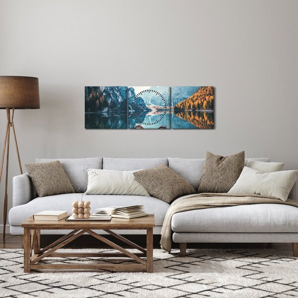 Obraz - Lodě na jezeře Braies (s hodinami) (90x30 cm)