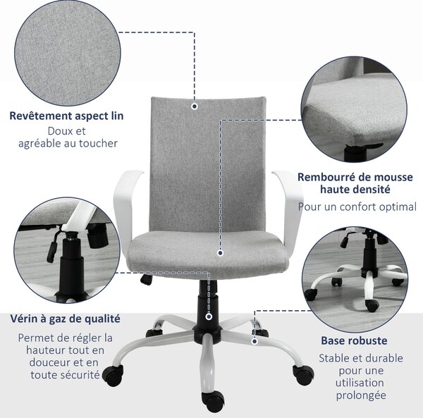 Vinsetto Kancelářská Židle s Nastavitelnou Výškou, Houpací Funkcí, Otáčecí Kancelářská Židle s Nosností 120 Kg, 61 x 61 x 99 cm Světle Šedá a Bílá | A