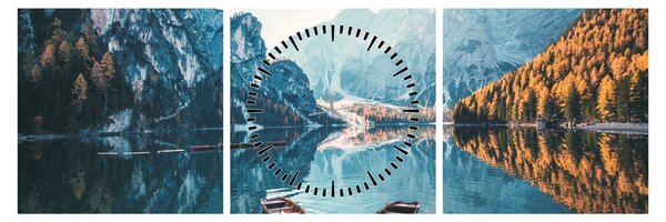 Obraz - Lodě na jezeře Braies (s hodinami) (90x30 cm)