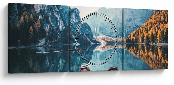 Obraz - Lodě na jezeře Braies (s hodinami) (90x30 cm)