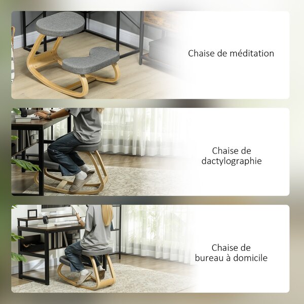 HOMCOM Klaněcí Židle, Ergonomická Houpací Dřevěná Klaněcí Židle pro Domácí Kancelář, Zlepšuje Držení Těla, Bolesti Zad, Šedá | Aosom