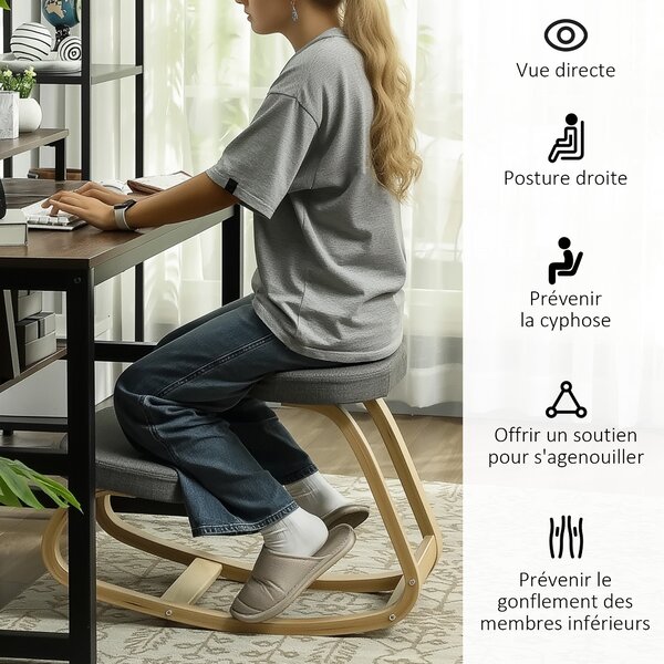 HOMCOM Klaněcí Židle, Ergonomická Houpací Dřevěná Klaněcí Židle pro Domácí Kancelář, Zlepšuje Držení Těla, Bolesti Zad, Šedá | Aosom