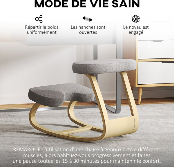 HOMCOM Klaněcí Židle, Ergonomická Houpací Dřevěná Klaněcí Židle pro Domácí Kancelář, Zlepšuje Držení Těla, Bolesti Zad, Šedá | Aosom