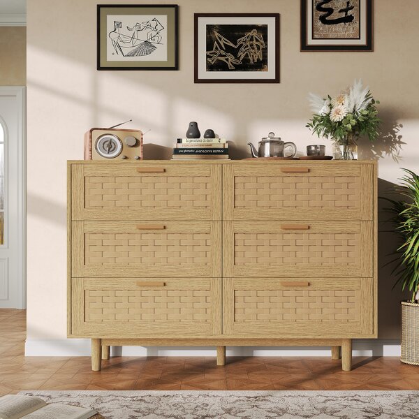 Dřevěná komoda s 6 zásuvkami z ratanu, zvýšenými nohami, černými kovovými úchytkami, úložným prostorem, 115 × 40 × 80 cm, barva dubu