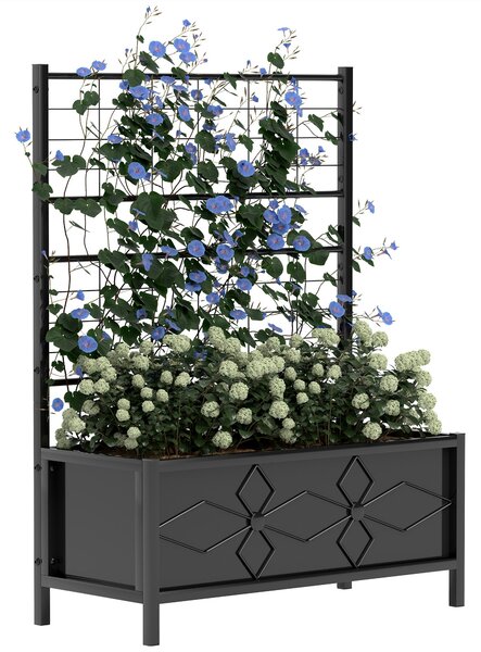 Zvýšený květináč s trellis Outsunny, zahradní vyvýšený záhon, venkovní květinová krabice - diamantový vzor, odtokové otvory, pozinkovaná ocel pro balk