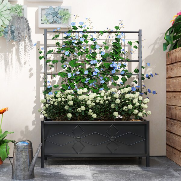 Zvýšený květináč s trellis Outsunny, zahradní vyvýšený záhon, venkovní květinová krabice - diamantový vzor, odtokové otvory, pozinkovaná ocel pro balk