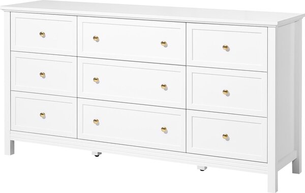 SucceBuy komoda s 9 zásuvkami, dřevěná skříňka s posuvem a ochranou proti překlopení, retro design pro všestranné použití jako TV stolek nebo organizér v obývacím pokoji, ložnici nebo předsíni (bílá)
