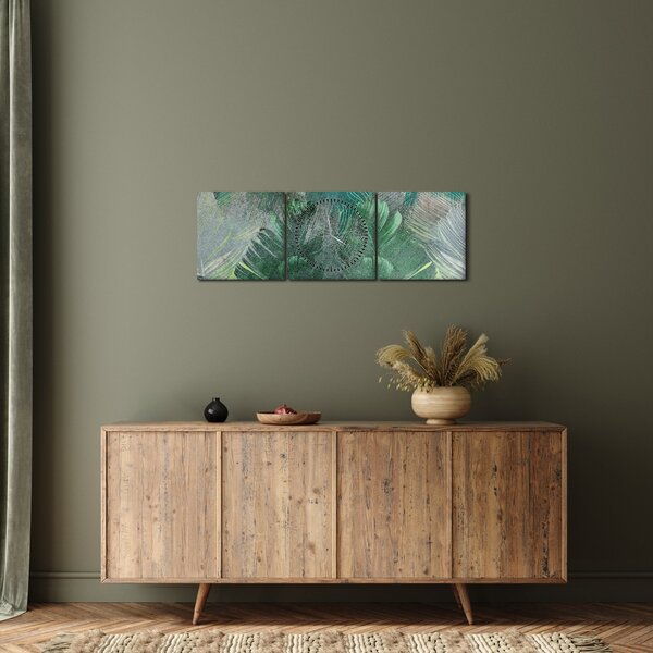 Obraz - Betonová textura s listy (s hodinami) (90x30 cm)