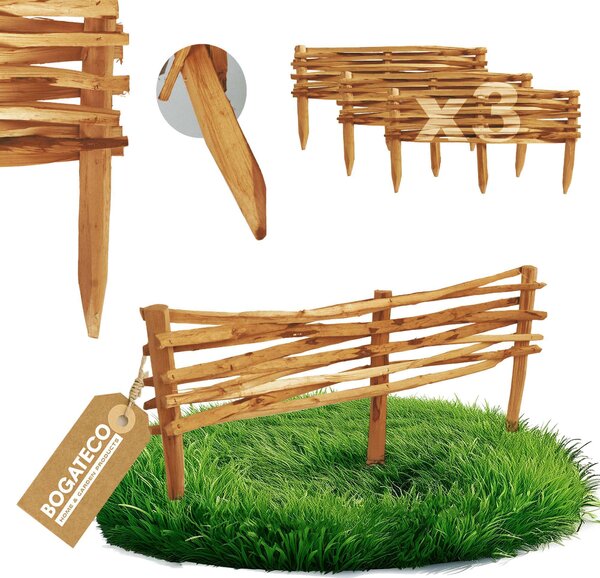 BOGATECO 3x zahradní plot z lískového dřeva 90 cm x 20 cm lemování záhonů lemování trávníku lemování záhonů dřevěné lemování záhonů plot | hnědý