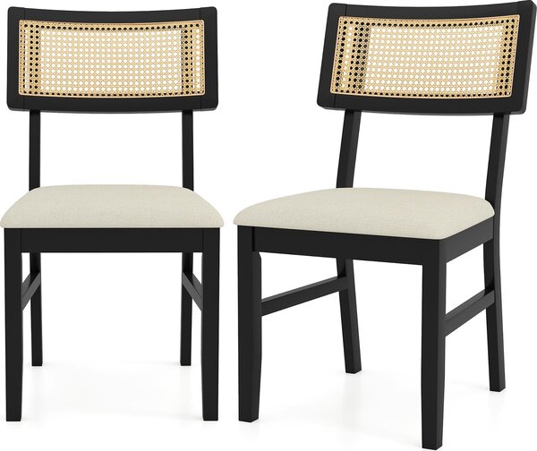 COSTWAY Jídelní židle Rattan, sada 2 ks, kuchyňské židle ze dřeva, jídelní židle s čalouněným sedákem, dřevěné židle do 180 kg pro jídelnu, kuchyň