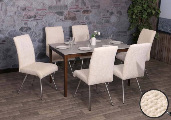 Sada 6 jídelních židlí HWC-G55, kuchyňská židle křeslo, broušená nerezová ocel tkanina/textil žinylka Oeko-Tex krémová