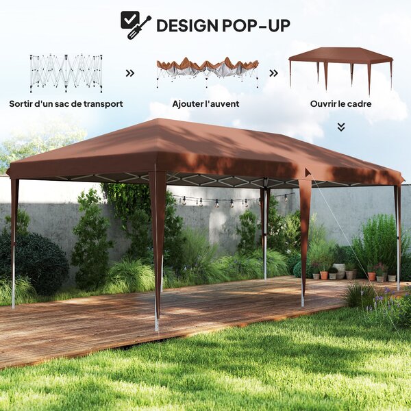 Outsunny Skládací Altán 3x6m Zahradní Stan s Pop-up Mechanismem a Tašku v Ceně - Epoxidovaný Ocel a Vysoce Hustý Oxford Hnědý | Aosom