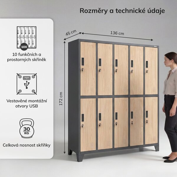 Šatní skříň BOZP 10-dveřová antracitová / dub sonoma: Eco Design BARTEK 1360 x 1720 x 450 mm