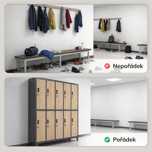 Šatní skříň BOZP 10-dveřová antracitová / dub sonoma: Eco Design BARTEK 1360 x 1720 x 450 mm
