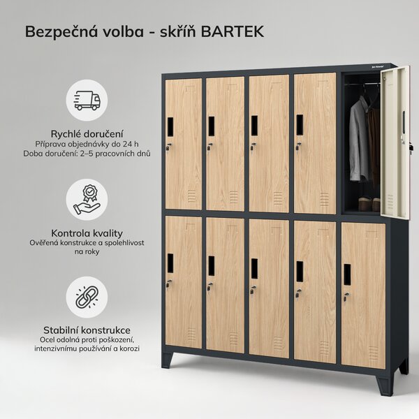 Šatní skříň BOZP 10-dveřová antracitová / dub sonoma: Eco Design BARTEK 1360 x 1720 x 450 mm
