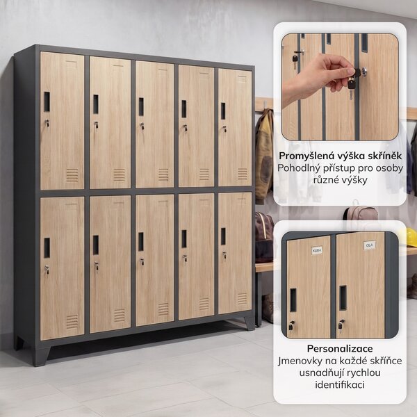 Šatní skříň BOZP 10-dveřová antracitová / dub sonoma: Eco Design BARTEK 1360 x 1720 x 450 mm