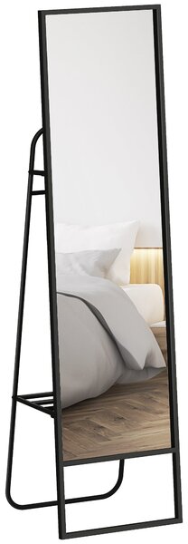 HOMCOM Zrcadlo v Plné Výšce 148,5 x 40 cm, Obdélníkové Zrcadlo s Poličkou a 2 Háčky, Metalový Rám, pro Ložnici, Obývací Pokoj a Oblékací Prostor, Čern