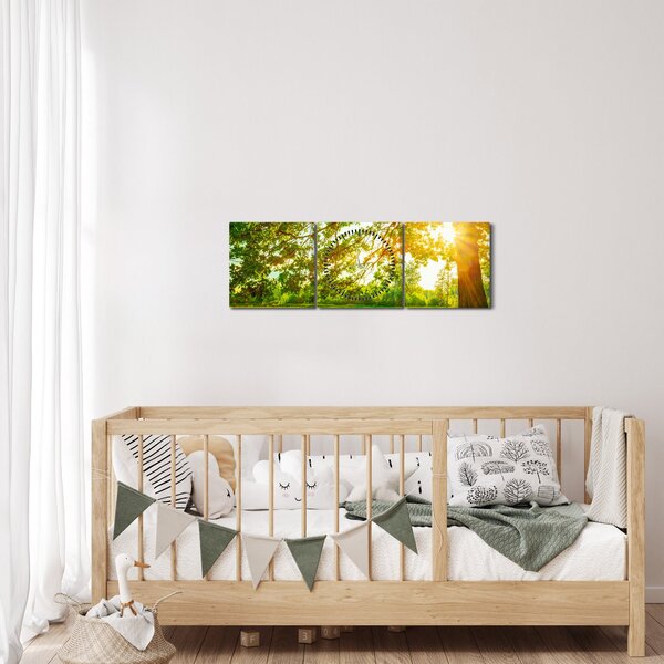 Obraz - Slunečný les (s hodinami) (90x30 cm)