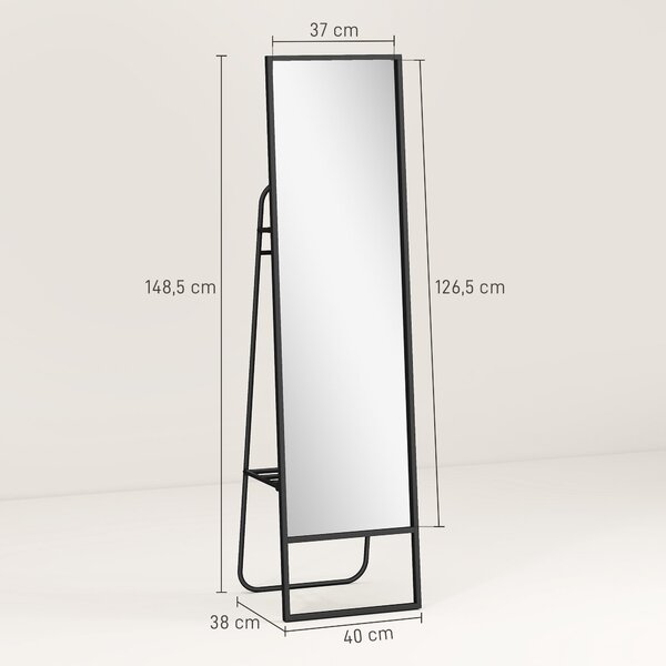 HOMCOM Zrcadlo v Plné Výšce 148,5 x 40 cm, Obdélníkové Zrcadlo s Poličkou a 2 Háčky, Metalový Rám, pro Ložnici, Obývací Pokoj a Oblékací Prostor, Čern