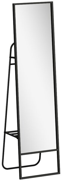 HOMCOM Zrcadlo v Plné Výšce 148,5 x 40 cm, Obdélníkové Zrcadlo s Poličkou a 2 Háčky, Metalový Rám, pro Ložnici, Obývací Pokoj a Oblékací Prostor, Čern