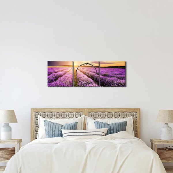 Obraz - Východ slunce v levandulovém poli (s hodinami) (90x30 cm)