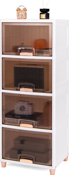 Úložný box COSTWAY 150 l, sada 4 stohovatelných plastových boxů s magnetickými dvířky a dřevěnými nožičkami, 45 x 38 x 117 cm, bílá barva