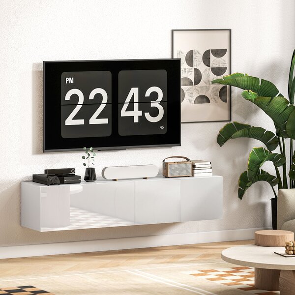 HOMCOM Závěsný TV Stolek pro TV až 45, 55, 65 palců se 2 Dveřmi, Závěsný TV Stojan do Obývacího Pokoje nebo Ložnice, 140 x 33 x 29,8 cm, Bílý | Aosom