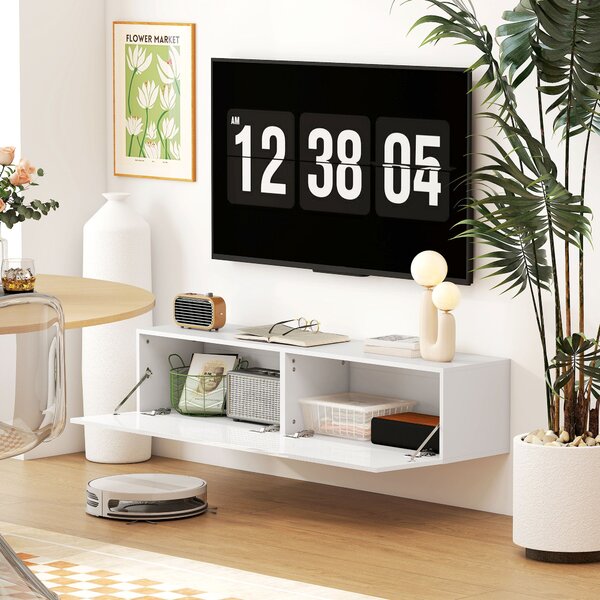 HOMCOM Závěsný TV Stolek pro TV až 45, 55, 65 palců se 2 Dveřmi, Závěsný TV Stojan do Obývacího Pokoje nebo Ložnice, 140 x 33 x 29,8 cm, Bílý | Aosom