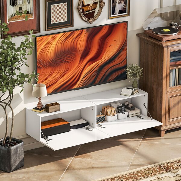 HOMCOM Závěsný TV Stolek pro TV až 45, 55, 65 palců se 2 Dveřmi, Závěsný TV Stojan do Obývacího Pokoje nebo Ložnice, 140 x 33 x 29,8 cm, Bílý | Aosom