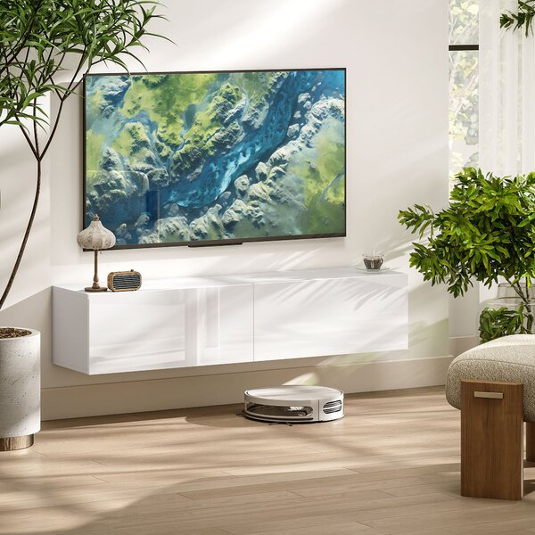 HOMCOM Závěsný TV Stolek pro TV až 45, 55, 65 palců se 2 Dveřmi, Závěsný TV Stojan do Obývacího Pokoje nebo Ložnice, 140 x 33 x 29,8 cm, Bílý | Aosom