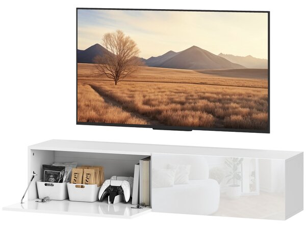 HOMCOM Závěsný TV Stolek pro TV až 45, 55, 65 palců se 2 Dveřmi, Závěsný TV Stojan do Obývacího Pokoje nebo Ložnice, 140 x 33 x 29,8 cm, Bílý | Aosom