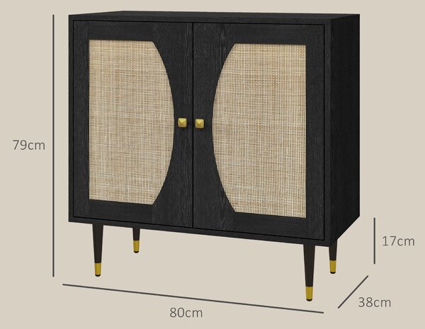 HOMCOM Buffet Skříňka s Dvojitými Dveřmi v Boho Stylu, 2 Úrovně, Ratanový Přední Panel 80 x 38 x 79 cm Černá | Aosom