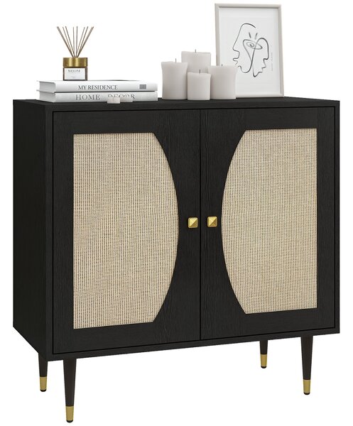 HOMCOM Buffet Skříňka s Dvojitými Dveřmi v Boho Stylu, 2 Úrovně, Ratanový Přední Panel 80 x 38 x 79 cm Černá | Aosom