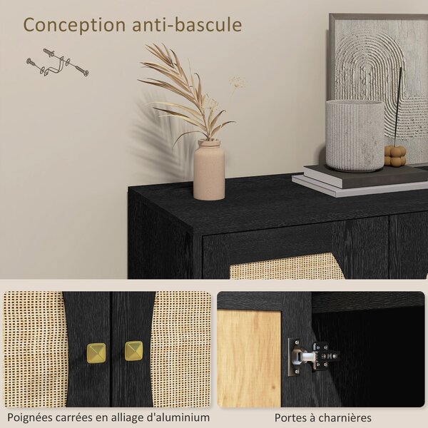 HOMCOM Buffet Skříňka s Dvojitými Dveřmi v Boho Stylu, 2 Úrovně, Ratanový Přední Panel 80 x 38 x 79 cm Černá | Aosom