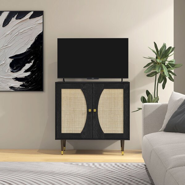 HOMCOM Buffet Skříňka s Dvojitými Dveřmi v Boho Stylu, 2 Úrovně, Ratanový Přední Panel 80 x 38 x 79 cm Černá | Aosom