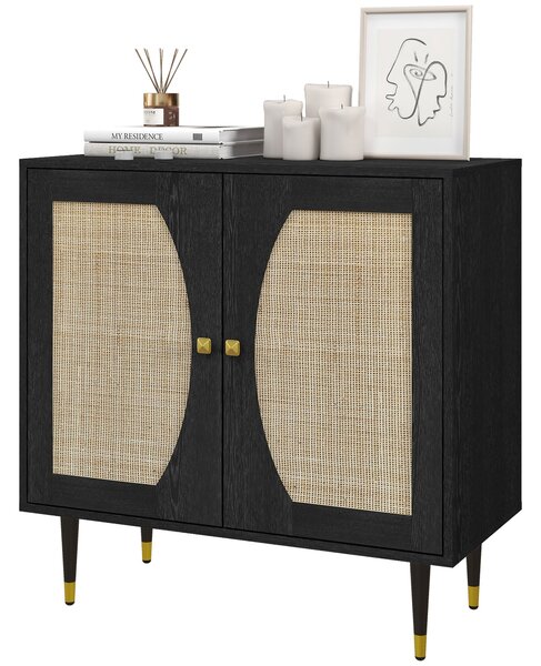 HOMCOM Buffet Skříňka s Dvojitými Dveřmi v Boho Stylu, 2 Úrovně, Ratanový Přední Panel 80 x 38 x 79 cm Černá | Aosom