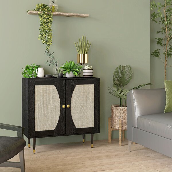 HOMCOM Buffet Skříňka s Dvojitými Dveřmi v Boho Stylu, 2 Úrovně, Ratanový Přední Panel 80 x 38 x 79 cm Černá | Aosom