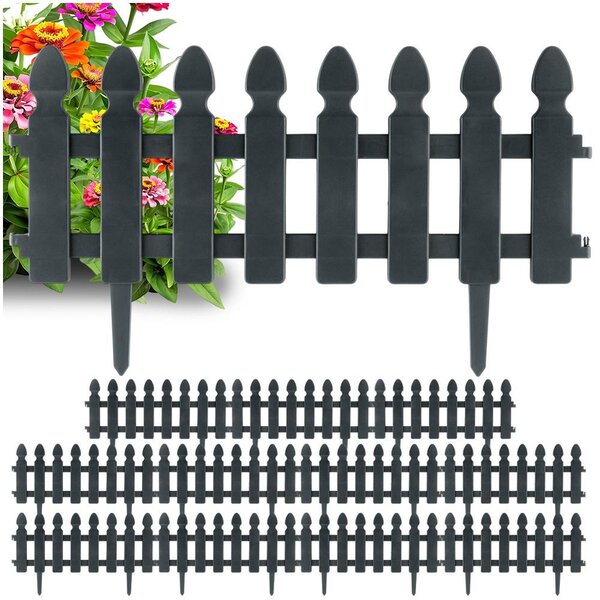Vilde | Ohraničení záhonu - Sada 12 ks - 49x21 cm - Odolné vůči povětrnostním vlivům - Plast - Zahradní plot šedý