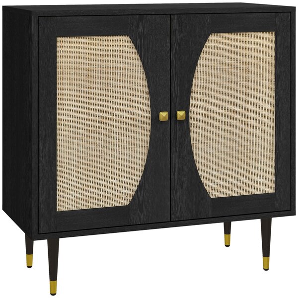 HOMCOM Buffet Skříňka s Dvojitými Dveřmi v Boho Stylu, 2 Úrovně, Ratanový Přední Panel 80 x 38 x 79 cm Černá | Aosom
