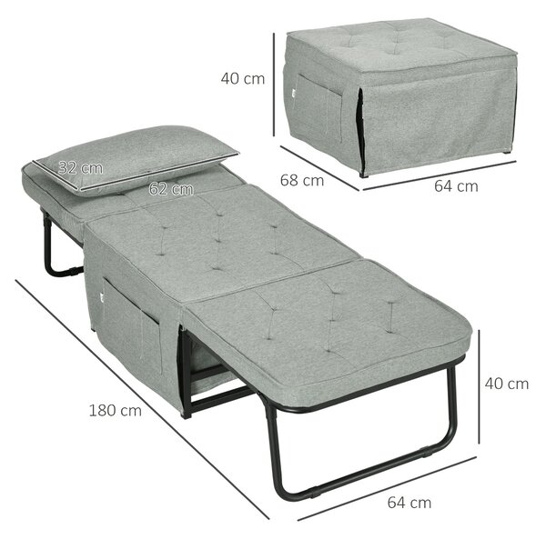 HOMCOM Jednolůžková rozkládací pohovka, konvertibilní křeslo a chaise longue 4 v 1 s 5-stupňovým polohovatelným opěradlem, skládacím podnožníkem, odní