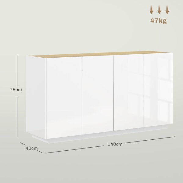 HOMCOM Jídelní Komoda, Kuchyňská Komoda, se 4 Tichými Dveřmi a Nastavitelnými Policemi, 140 x 40 x 75 cm, Vysoce Lesklá Bílá | Aosom