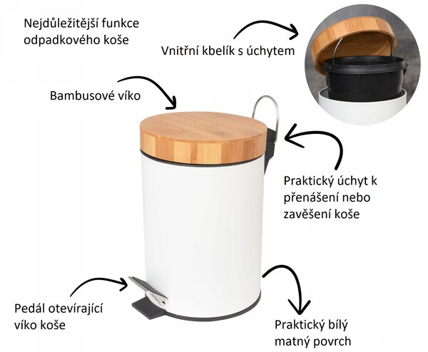 FIVE Simply smart Bílý odpadkový koš z bambusu a kovu, 3 l, Natureo